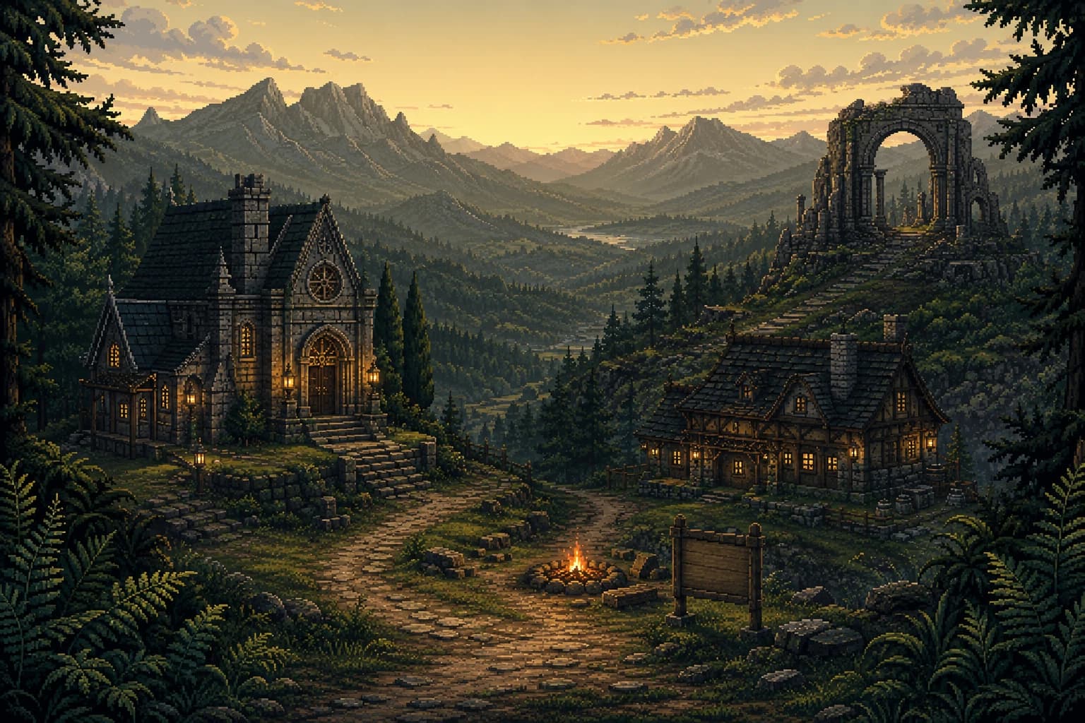 Um vale épico de montanhas e ruínas, com um caminho iluminado para o acampamento